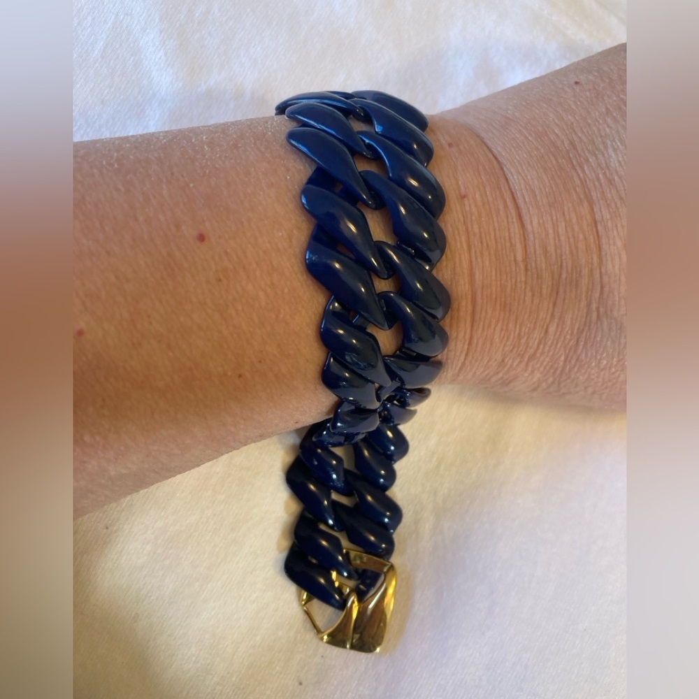 Napier Vintage Navy Blue Enameled Chain Link Bracelet Gold Tone - Picture 7 of 10